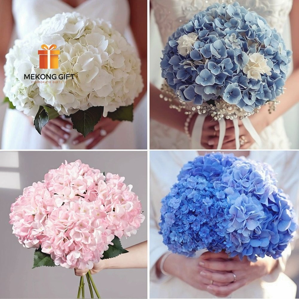 Các sản phẩm bó hoa cầm tay cô dâu bằng hoa cẩm tú cầu được bàn giao khách đúng ngày trọng đại